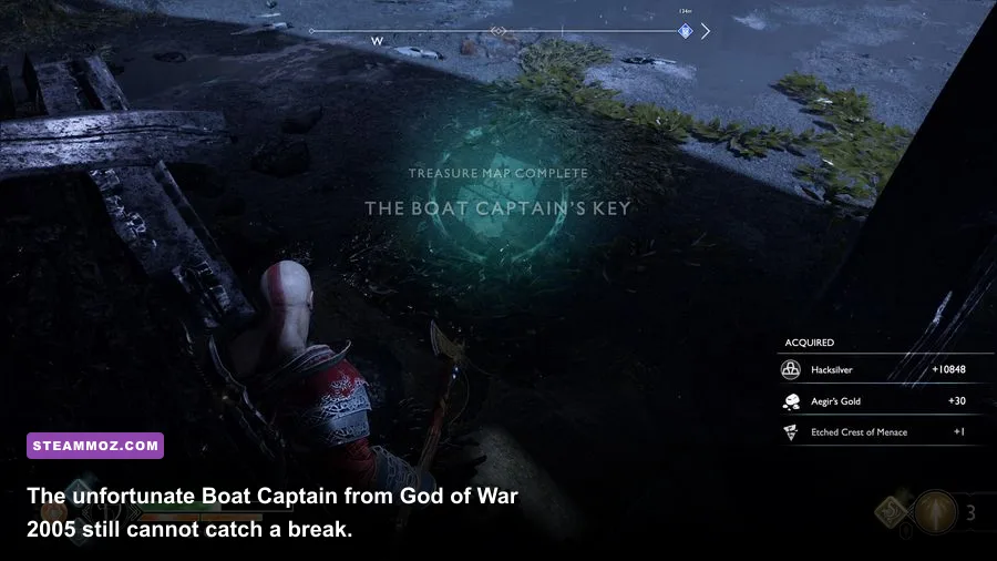 Kratos examining a lore scroll and treasure map referencing the tragic boat captain in God of War