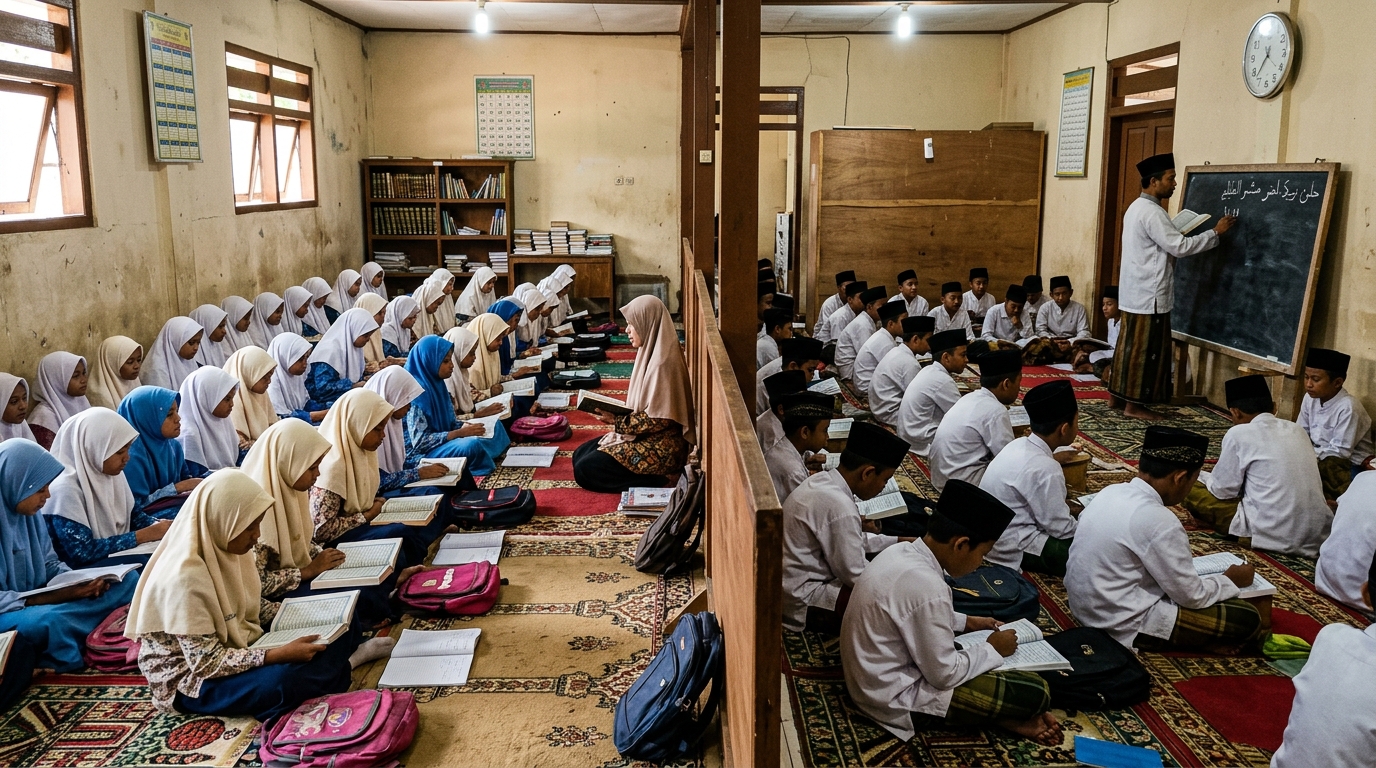 Anak-anak belajar membaca Al Quran di Madrasah Diniyah