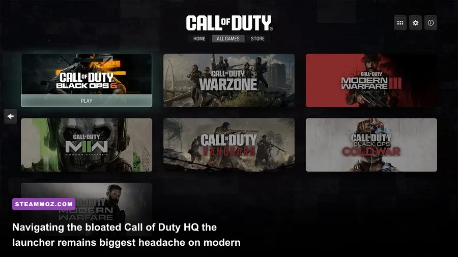 The Call of Duty HQ launcher interface displaying massive install sizes