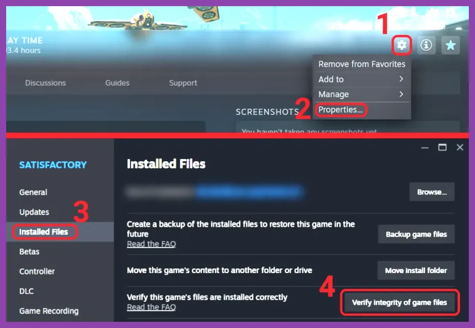 Steam properties window showing Verify integrity of game files for Satisfactory