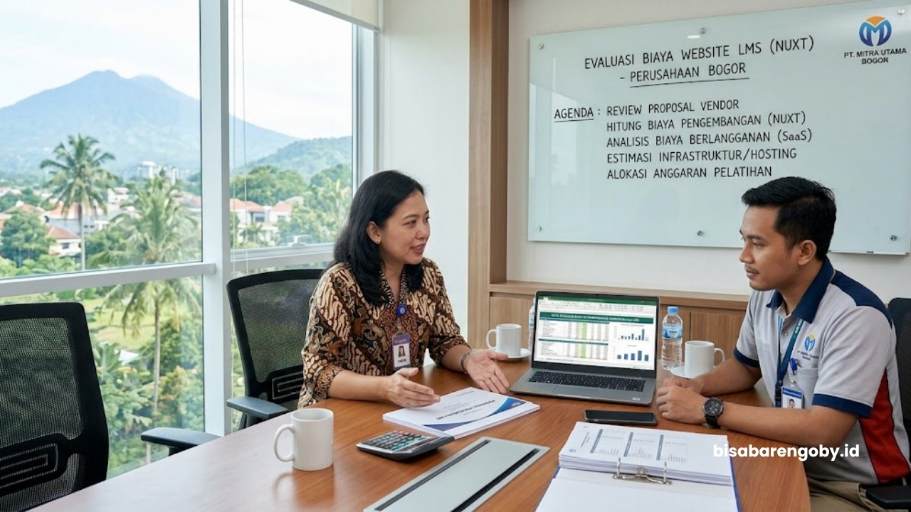 Manajer SDM dan staf pengadaan berdiskusi menyusun anggaran saat mengevaluasi biaya website LMS untuk perusahaan di Bogor berbasis Nuxt