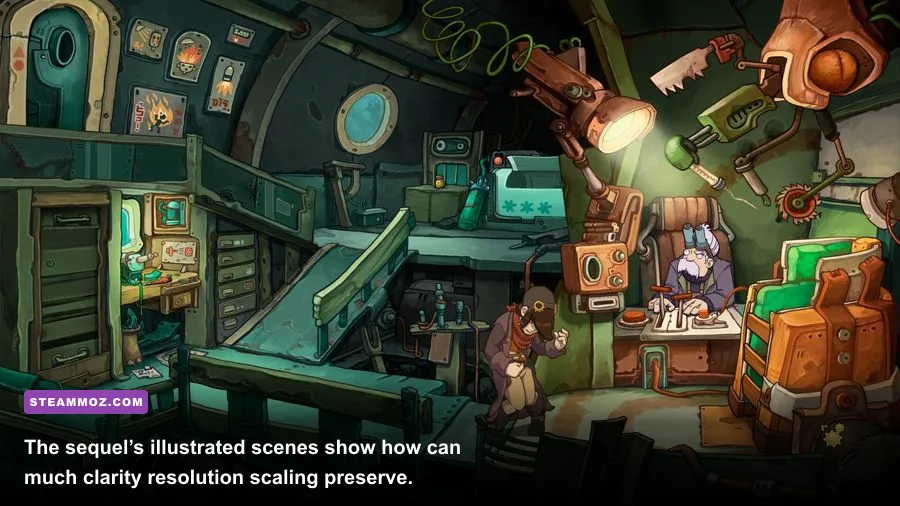 Chaos on Deponia gameplay showing a detailed hand-drawn background