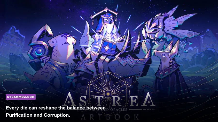 Astrea Six-Sided Oracles dice pool displaying Purification and Corruption faces