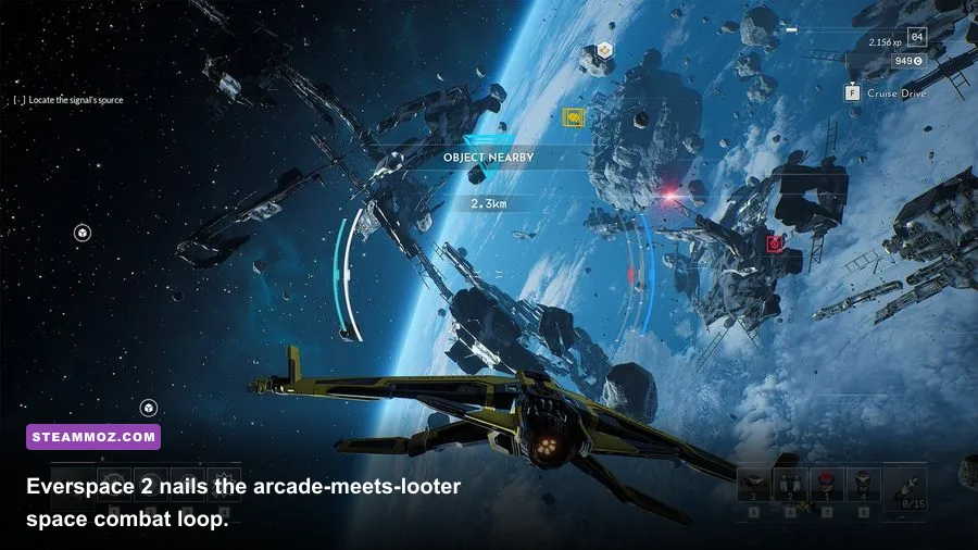 Everspace 2 cockpit view flying over an alien planet surface