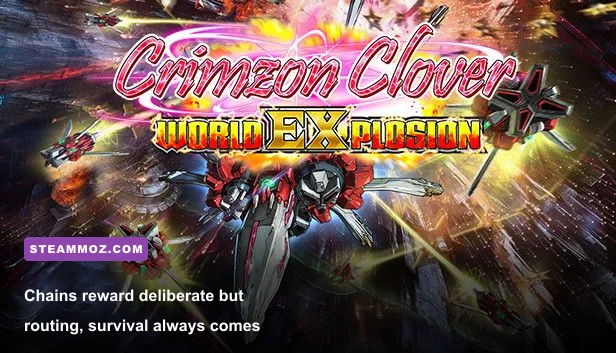 Crimzon Clover World EXplosion gameplay showing score medals and a long chain
