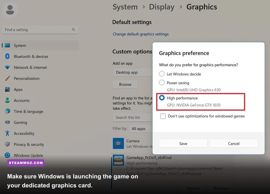 Windows graphics settings panel assigning Drizzlepath Genie to a high performance GPU