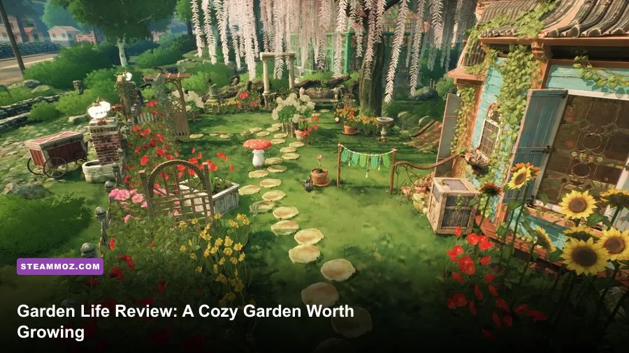 Garden Life A Cozy Simulator community garden filled with colorful flowers