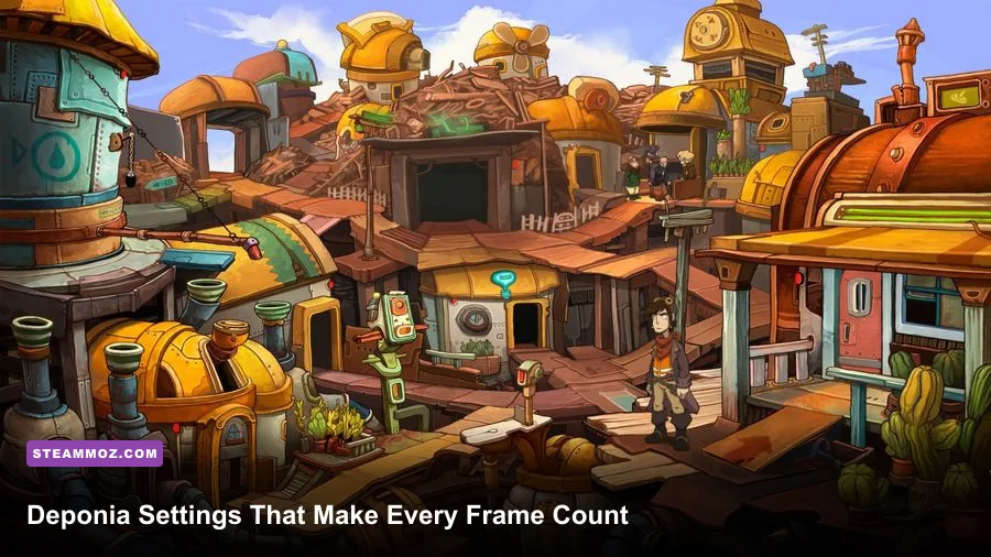 Deponia gameplay showing Rufus exploring the colorful Dump City