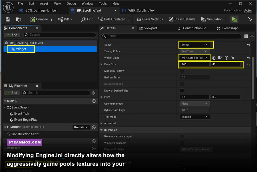 Text editor displaying custom Unreal Engine streaming lines in Engine.ini