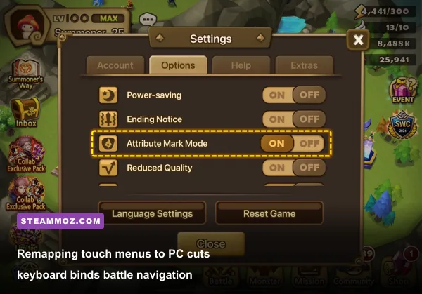 Summoners War PC combat interface showing custom hotkey assignments