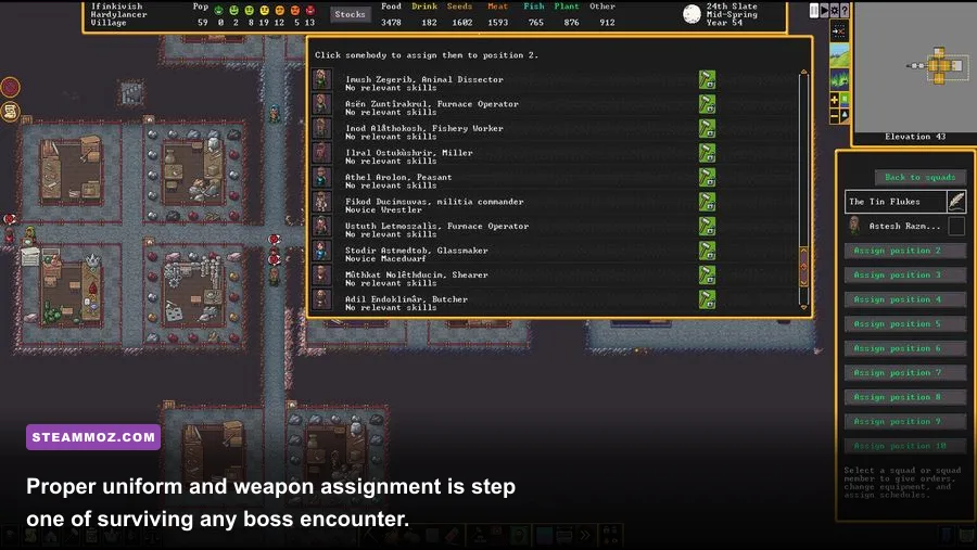 Dwarf Fortress squad equipment and uniform screen