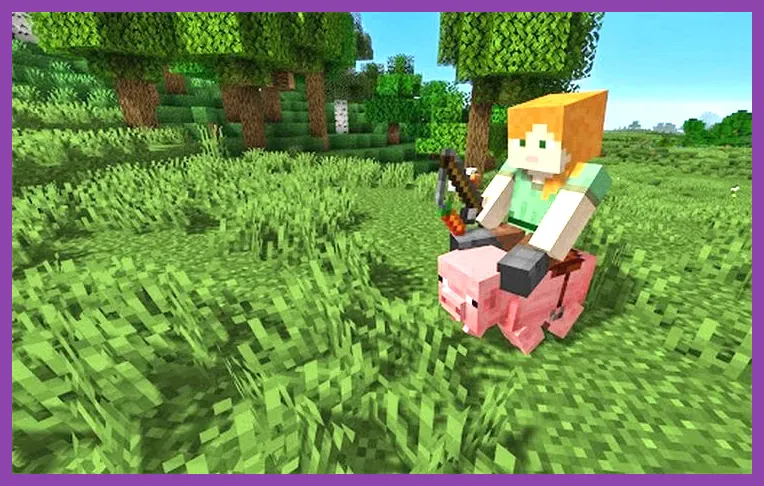 Player riding a pig using a carrot on a stick in Minecraft