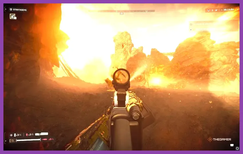 Helldiver firing the LAS-16 Sickle against Terminid swarms