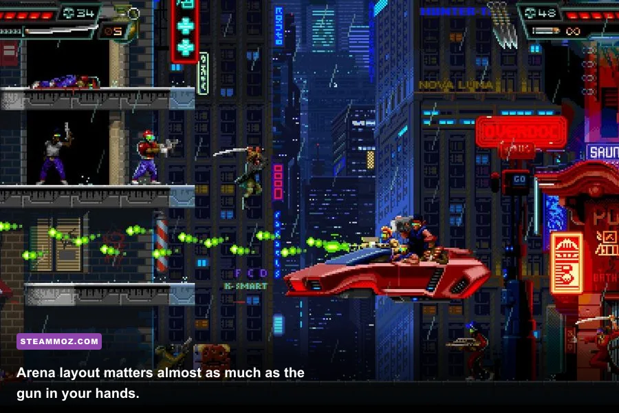Huntdown boss arena with explosive hazards and enemy reinforcements