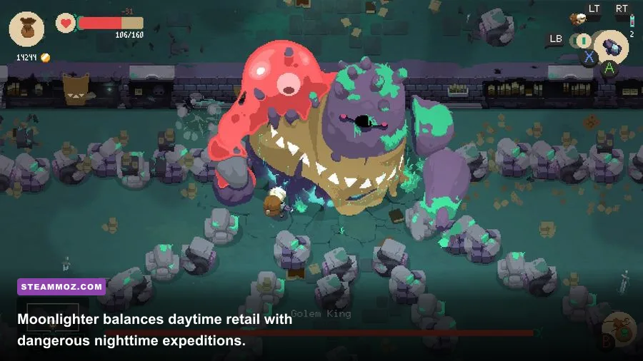 Moonlighter shopkeeper selling dungeon loot and fighting monsters