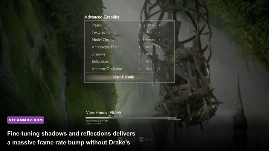 In-game graphics options menu in Uncharted on PC showing texture and shadow presets