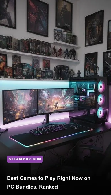 High end PC gaming setup displaying library of bundled action and RPG games