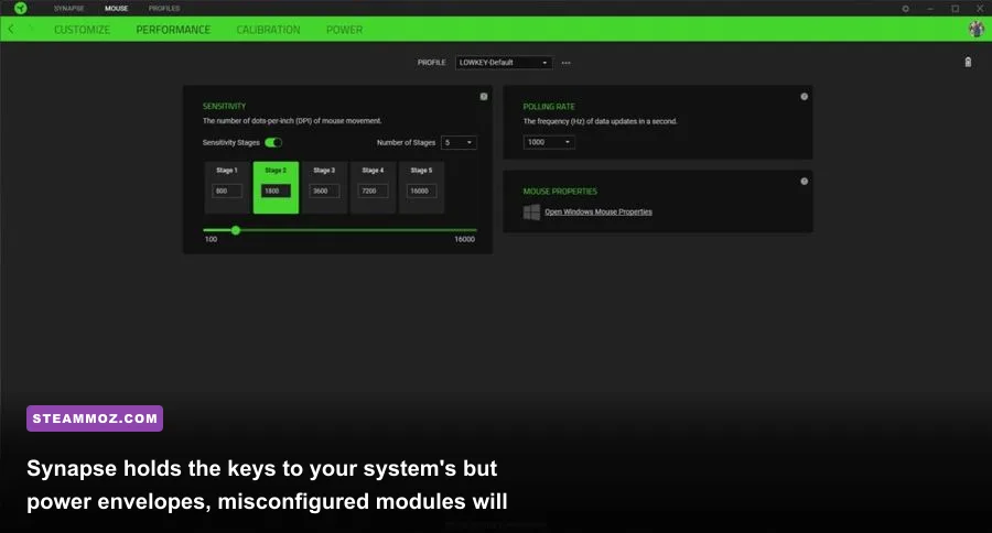 Razer Synapse software interface showing performance power profiles