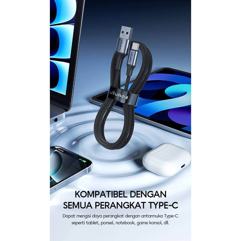 VIVAN VKF-AC100 Kabel Data Usb To Type C Fish Line Braid 3A 1 Meter - Gambar 2
