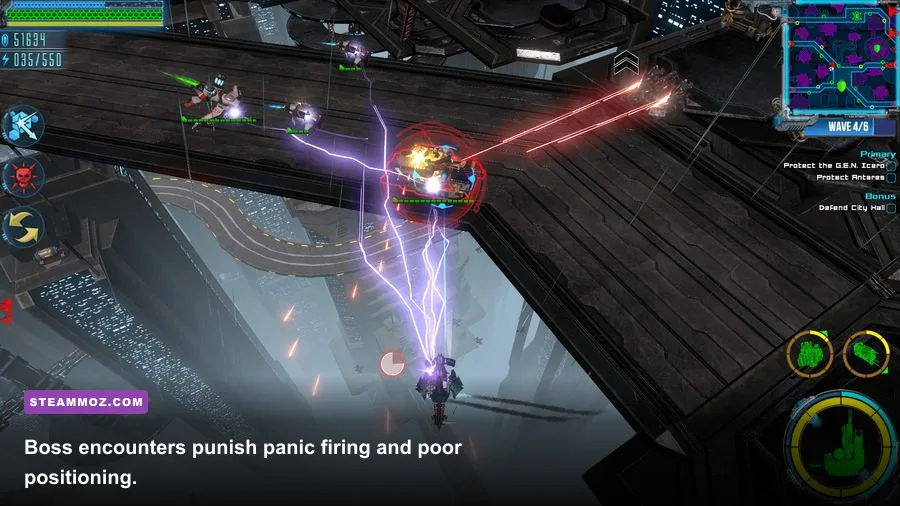 Excubitor player ship fighting a large boss spacecraft