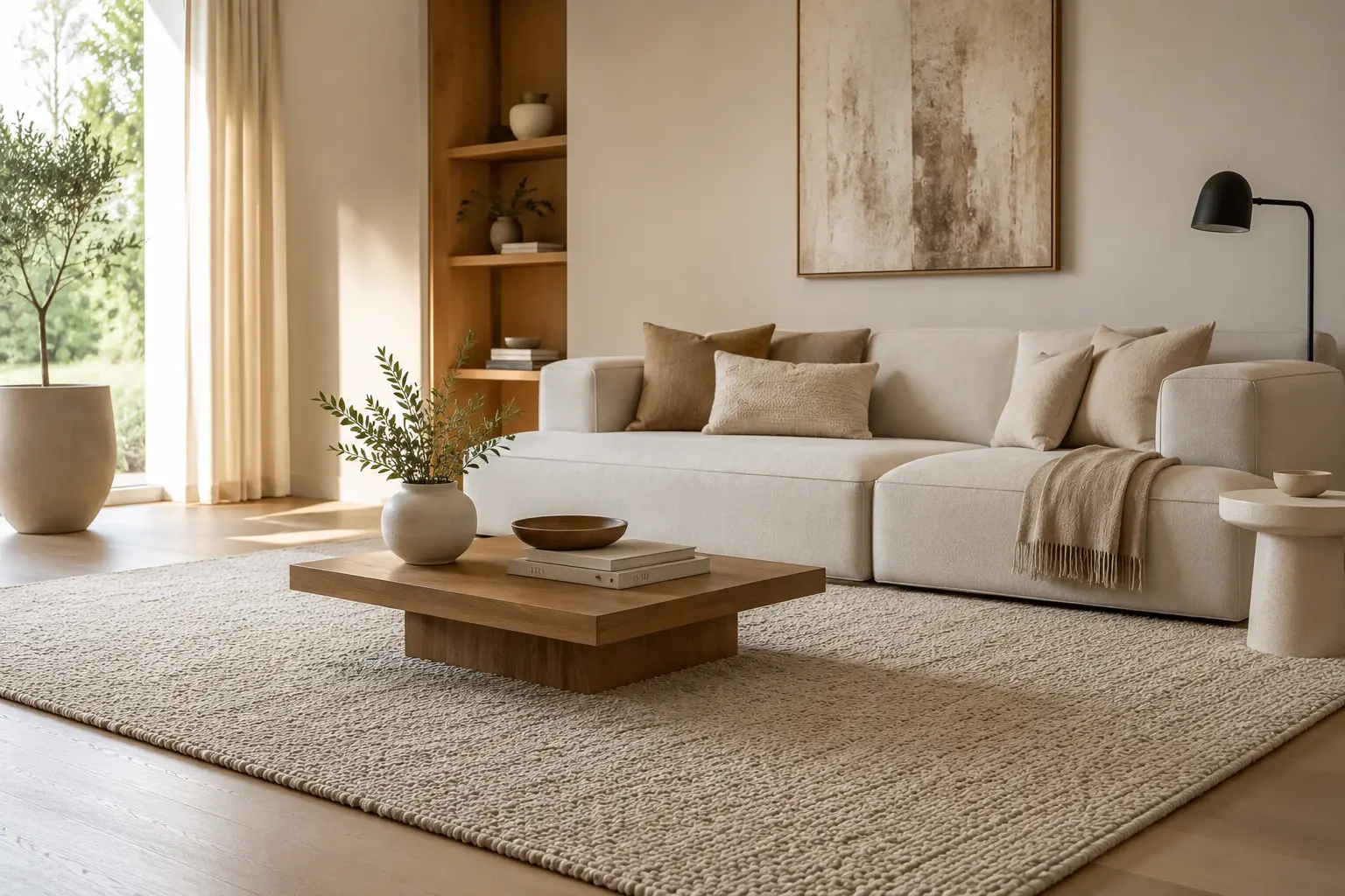 medium-pile neutral rug anchoring a modern minimalist living room