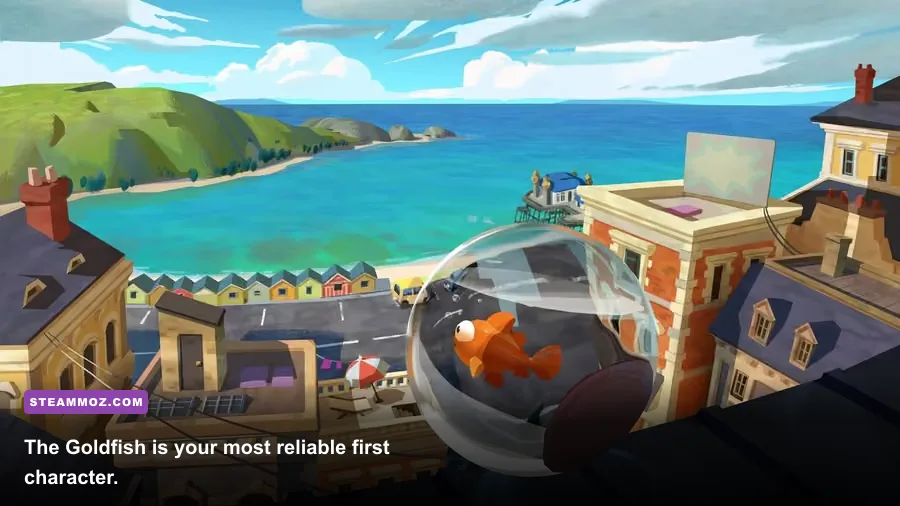 I Am Fish goldfish rolling through a village in a glass bowl