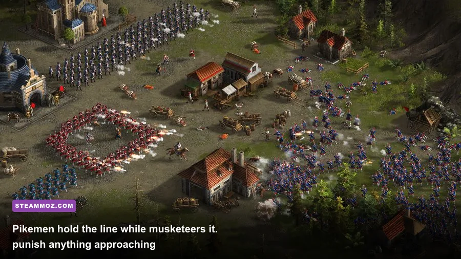 Cossacks 3 Barracks producing pikemen and musketeers in formation