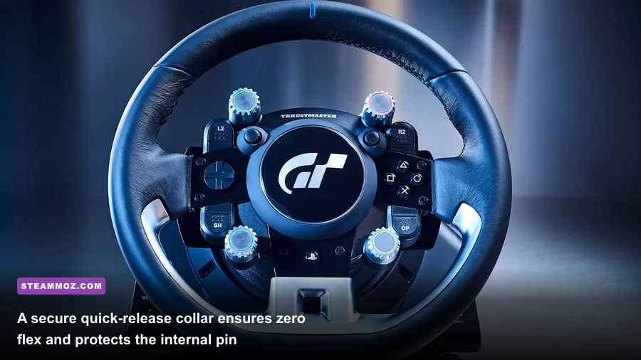 Thrustmaster quick release collar mechanism connecting the rim to the base