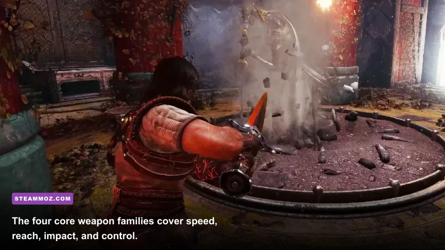 Blades of Fire weapon types including sword axe mace and spear