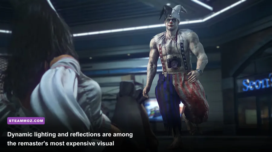 Nighttime lighting and reflections inside the Willamette Parkview Mall in Dead Rising Deluxe Remaster