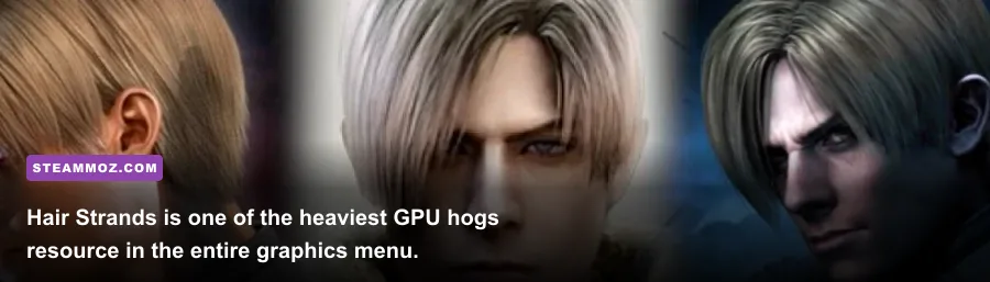 Leon Kennedy close-up showing hair strands rendering quality in Resident Evil 4