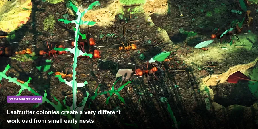 Leafcutter ants carrying leaves through an underground nest in Empires of the Undergrowth