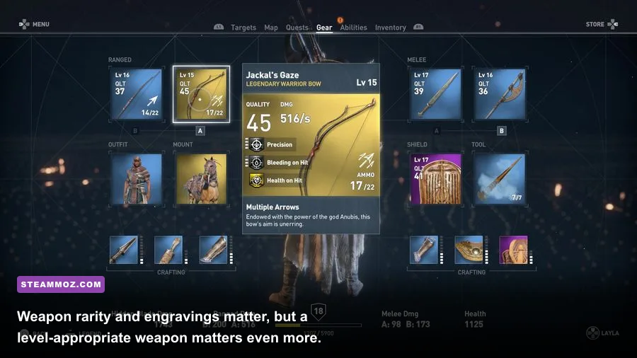 Legendary weapons and gear displayed in the Assassin's Creed Origins inventory