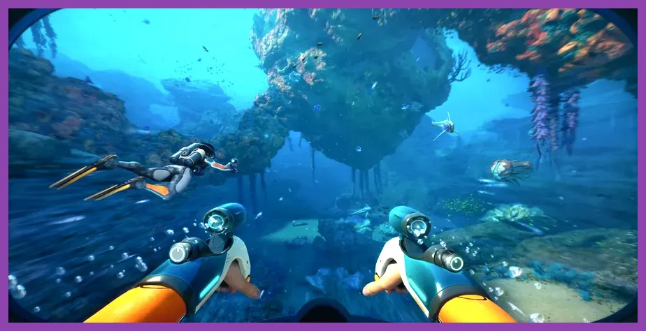 Early game personal submersible navigating coral reef in Subnautica 2