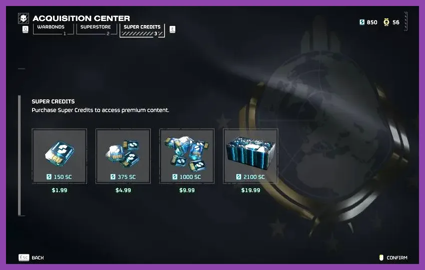 UI prompt displaying the 2000 Super Credit cost to respec skill points in Helldivers 2