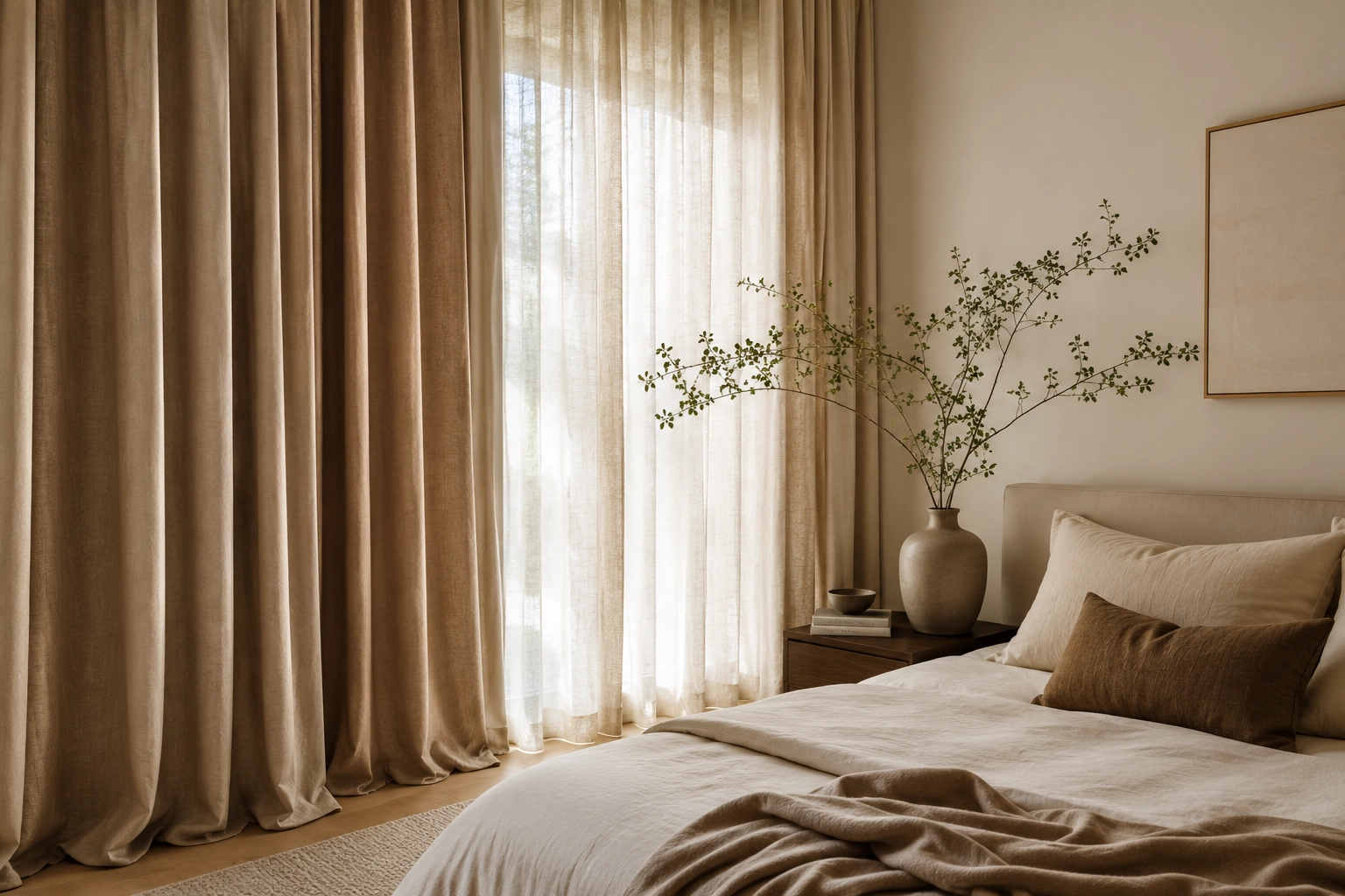 Luxurious thick linen curtains with heavy folds demonstrating fabric fullness in a warm neutral bedroom