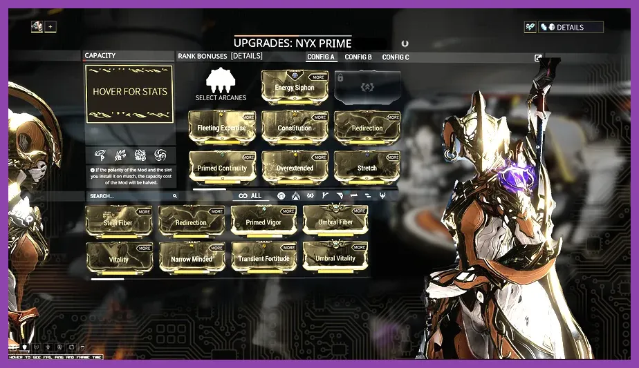 Warframe mod configuration screen for endgame builds