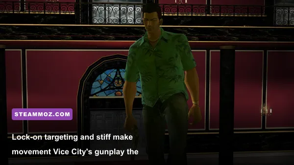 Tommy Vercetti firing a weapon during an intense shootout in GTA Vice City