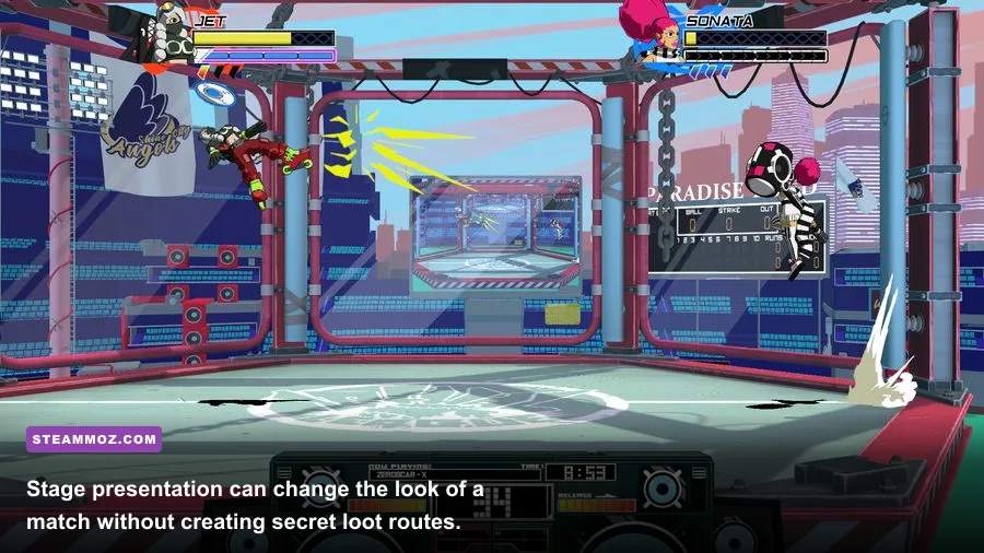 Lethal League Blaze match in a colorful alternate arena stage