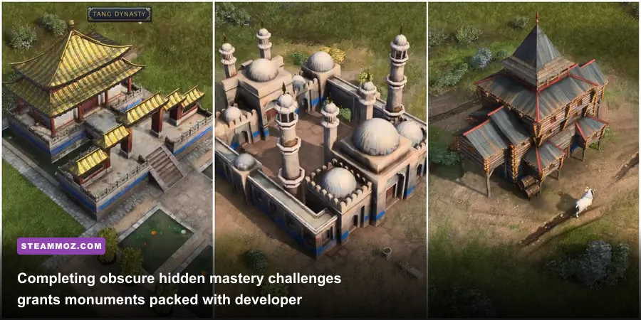 Age of Empires 4 town center surrounded by customized cosmetic monuments and banner unlocks
