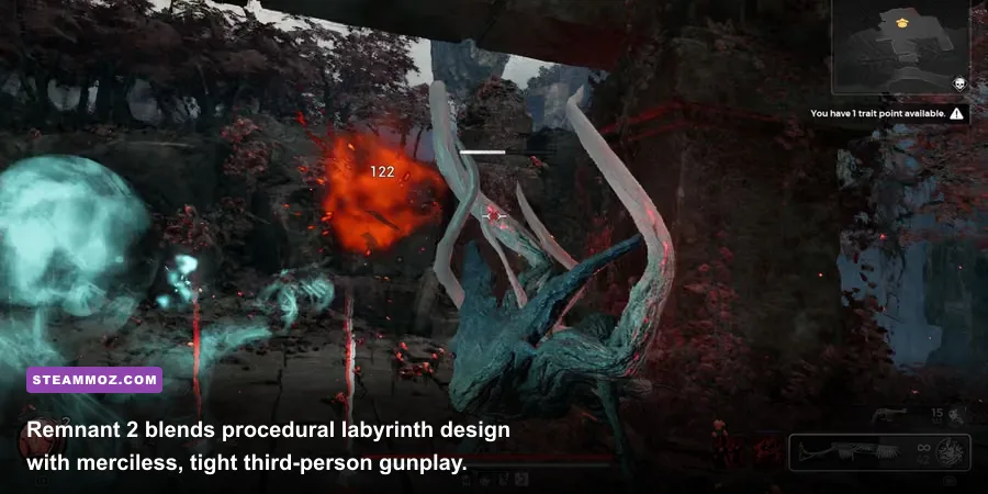 Player aiming a long gun at an aberrant boss in Remnant 2