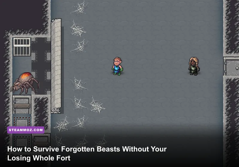 Dwarves battling a forgotten beast in Dwarf Fortress