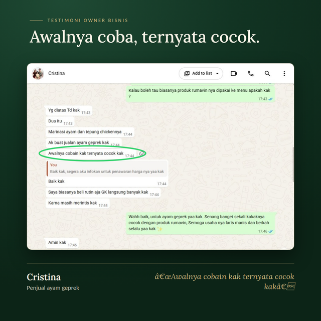 Testimoni owner bisnis Rumavin 2