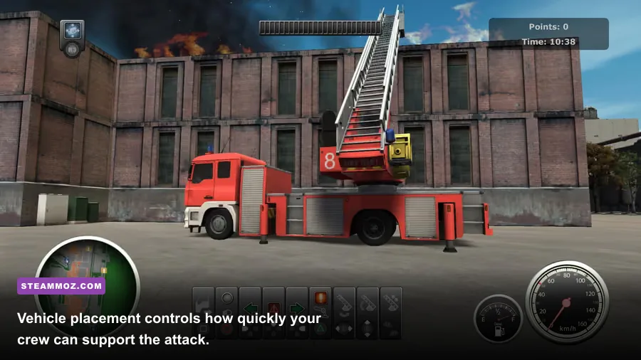 Firefighters 2014 fire truck positioned outside an industrial fire during a mission