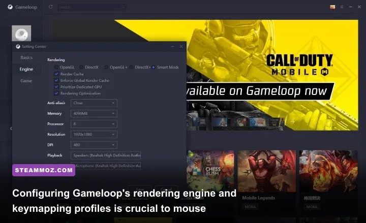Gameloop engine settings panel for Call of Duty Mobile PC
