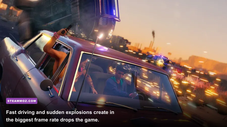 High speed vehicle combat in Saints Row 2022 showing physics and particle effects