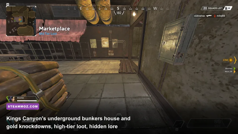 Inside a secret underground IMC loot bunker on Kings Canyon with gold weapons