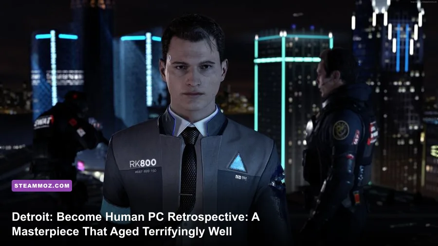 Connor RK800 looking forward with glowing blue LED temple in Detroit Become Human
