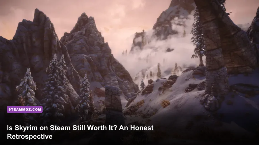 Panoramic snowy landscape of Skyrim showing Bleak Falls Barrow on Steam