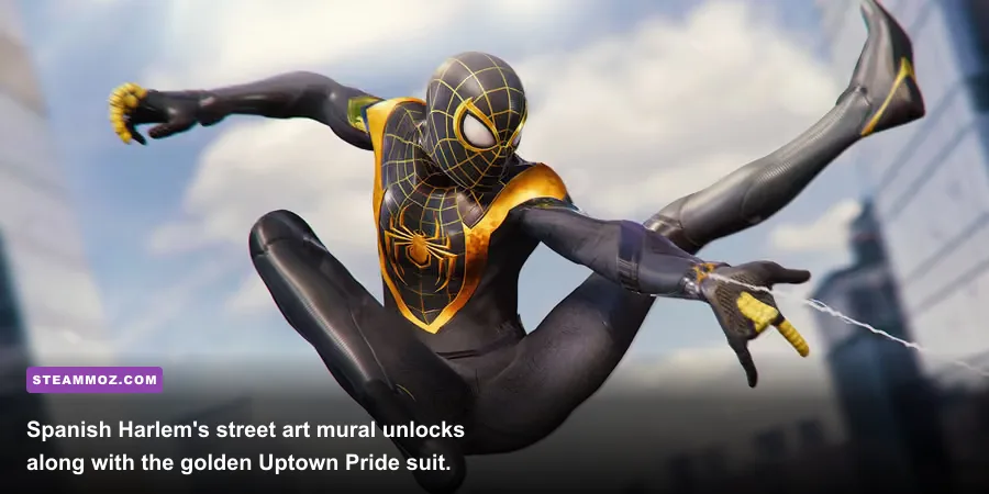 Miles Morales wearing the Uptown Pride Suit standing in front of the Black Lives Matter street mural in Harlem